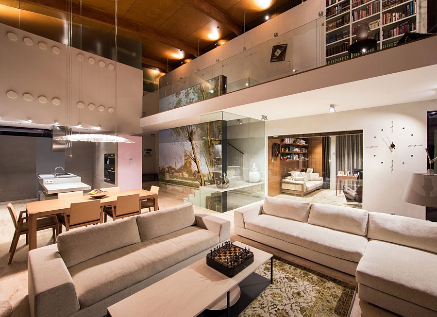 Great Living Room Idea Beneath Loft Hallway With Luxurious White Sofa Design Upon Cream Modern Area Rug Architecture