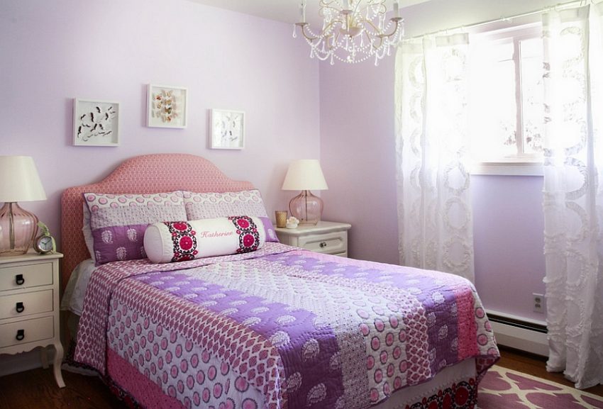 Bedroom Medium size Great Pink Purple Patterned Bed Beneath Luxurious Chandelier Aside Narrow Glassy Window With Lace Curtain Design