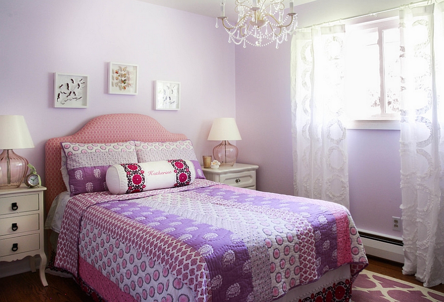 Great Pink Purple Patterned Bed Beneath Luxurious Chandelier Aside Narrow Glassy Window With Lace Curtain Design Bedroom