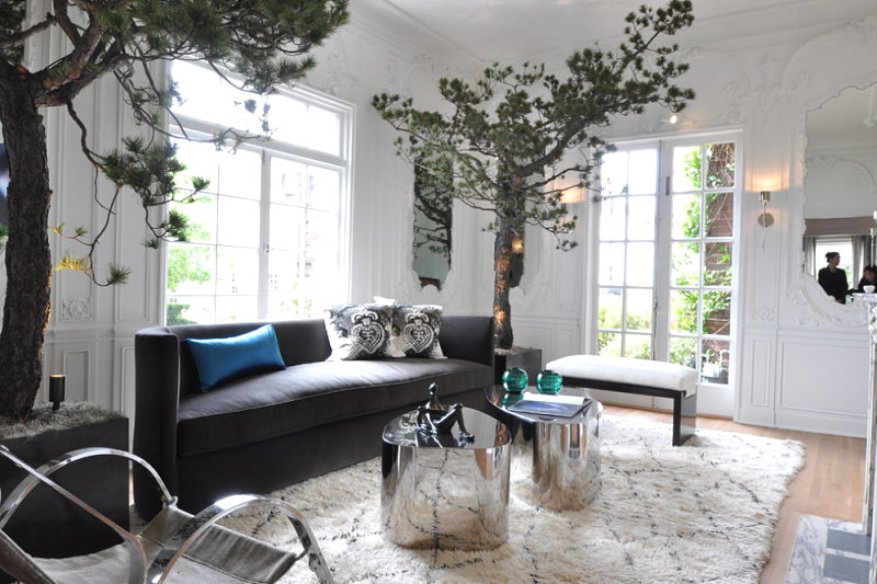 Green Living Space With Grey Sofa Design Upon White Furry Rug Beneath Double Trees Decoration Interior Design