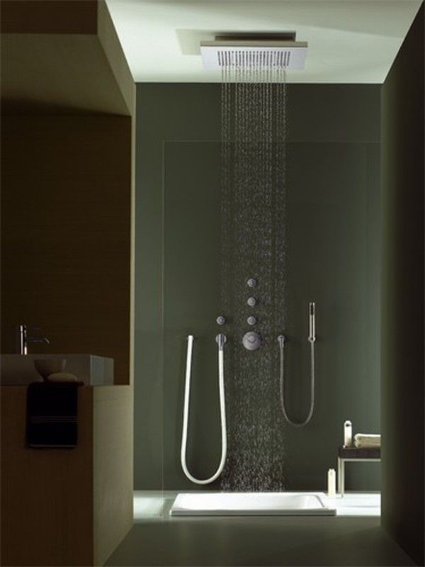 Grey Wall White Ceiling Big Rain Shower White Sink Bathroom Design Bathroom