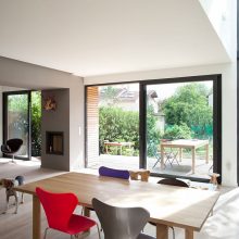 Interior Design Thumbnail size Lovely Dining Table With Wooden Countertop And Grey Purple Red Chairs Facing Outdoor View