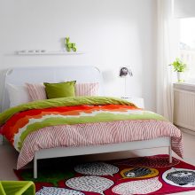Ideas Thumbnail size Lovely White Bed Design Covered With Green Orange Pink Furry Blanket Upon Colorful Red Rug With Pop Chair