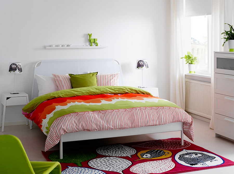 Lovely White Bed Design Covered With Green Orange Pink Furry Blanket Upon Colorful Red Rug With Pop Chair Ideas
