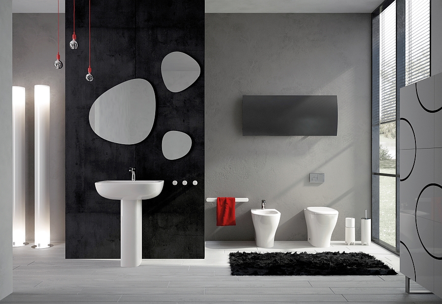 Luxurious Bathroom With Freestanding Vanity And Triple Wall Mirror Stacked On Black Beadboard Bathroom