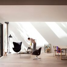 Interior Design Thumbnail size Mesmerizing Black Relaxing Chair Aside Floor Lamp Upon Wooden Floor Below Framed Large Window Design