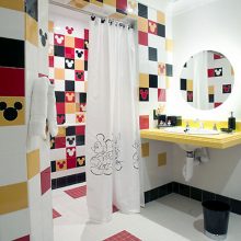 Bathroom Mickey Wall Decorating For Kids Bathroom White Curtain 915x1099 yellow-Wall-double-mirror-blue-cabinet-Decorating-For-Kids-Bedroom