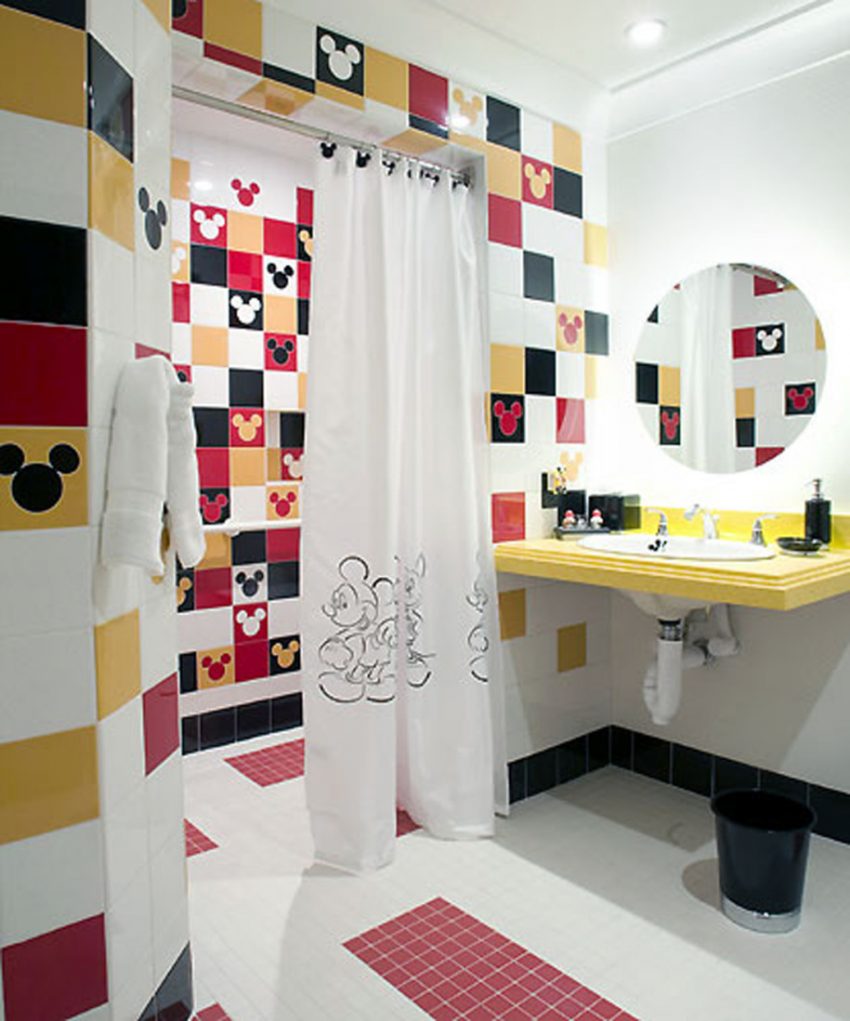 Bathroom Medium size Mickey Wall Decorating For Kids Bathroom White Curtain 915x1099