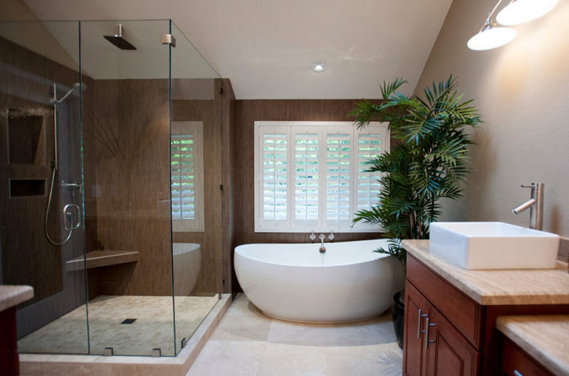 Modern Abthroom Design With White Bathtub Aside Wooden Vanity With Rectangle Sink Facing Built In Shower Interior Design