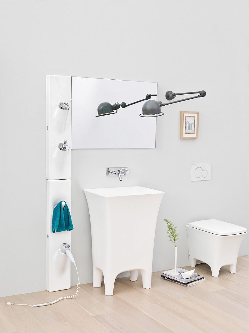 Bathroom Medium size Modern White Bathroom With Freestanding Sink Design Aside Box Toilet Seat Beneath Rectangle Wall Mirror