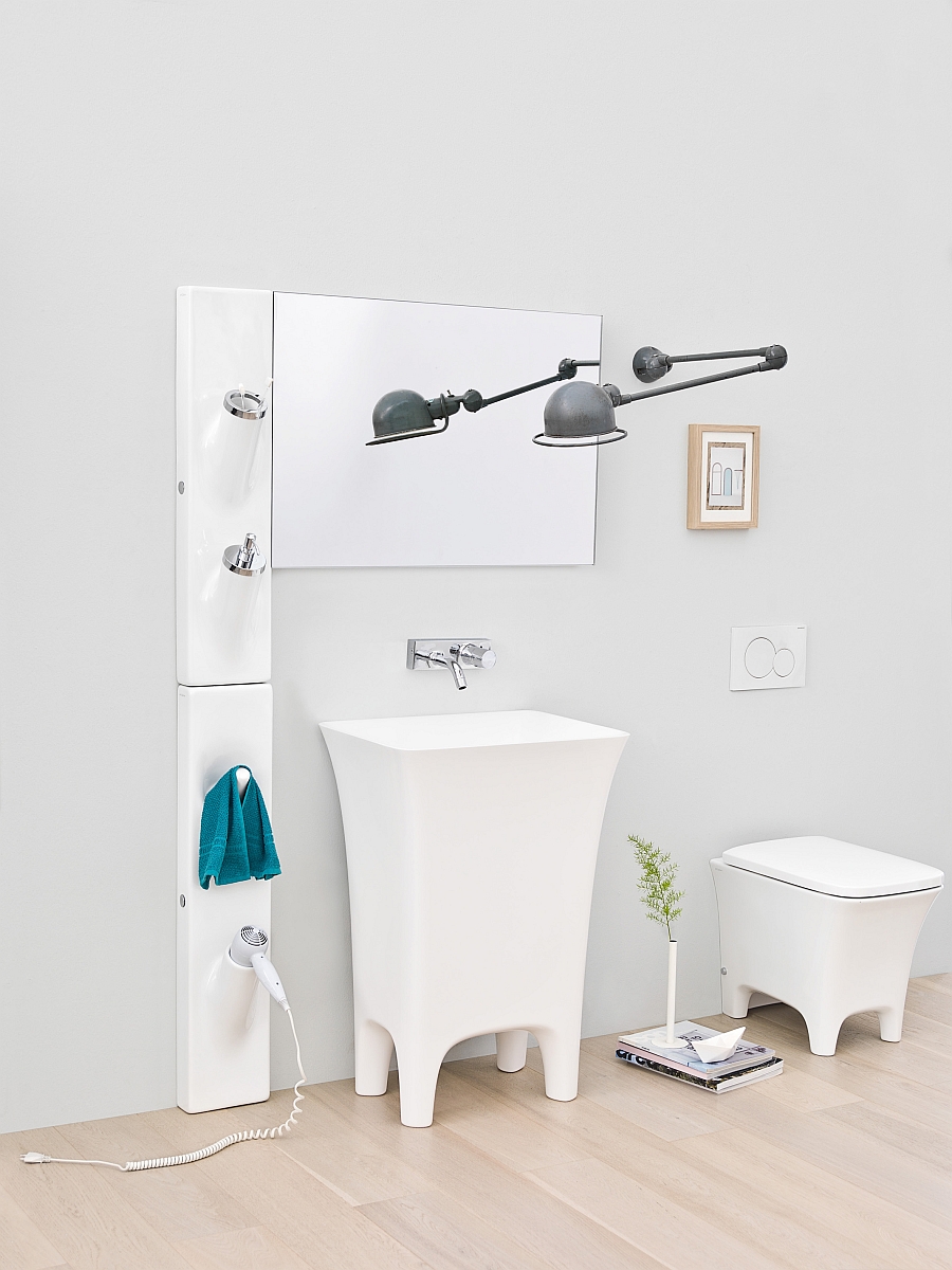 Modern White Bathroom With Freestanding Sink Design Aside Box Toilet Seat Beneath Rectangle Wall Mirror Bathroom