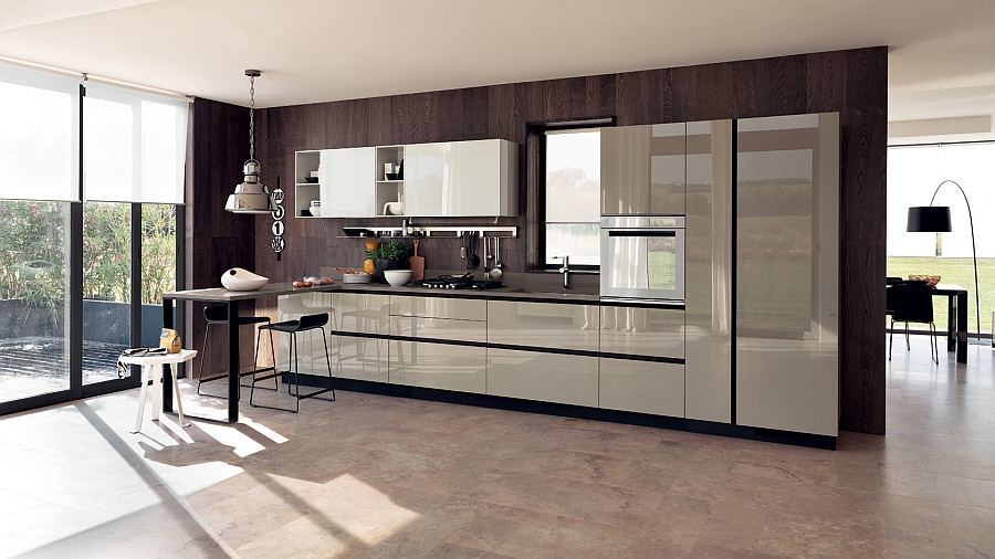 Open Modern Kitchen Design With Glossy Cabinetry And Small Bar Beneath Glassy Window And Vault Pendant Living Room