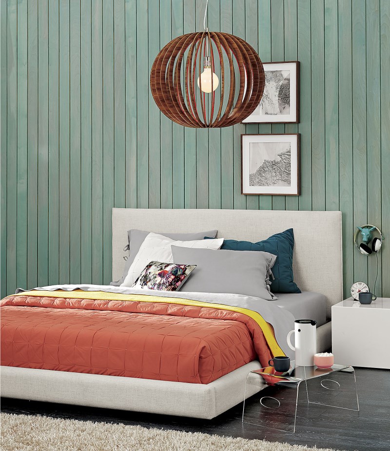 Posh Light Green Bedroom With White Headboard And Orange Coverage Beneath Modern Wooden Ball Chandelier Bedroom