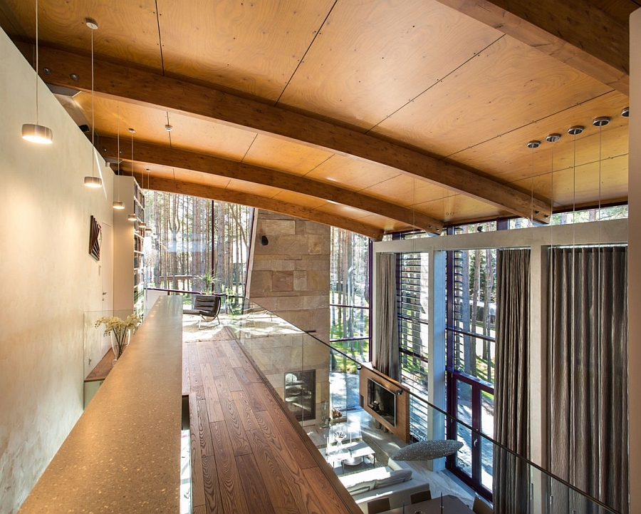 Romantic Wooden Loft Design Fenced With Glassy Enclosure With White Board Panel Beneath Several Modern Pendants Architecture