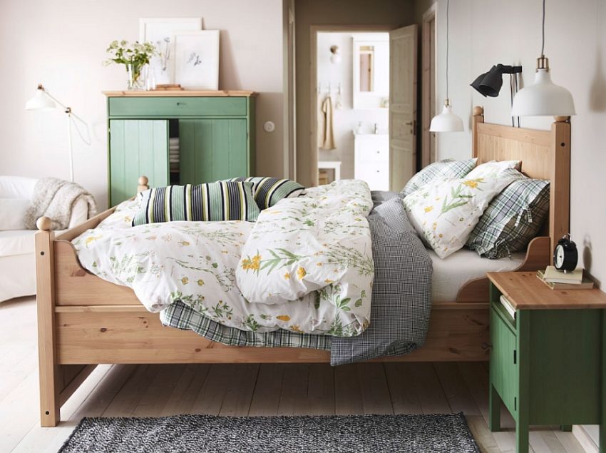 Ideas Medium size Rustic Bed Design Covered With White Floral Patterned Bedcover Aside Green Nightstand Above Grey Rug