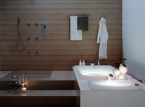 Rustic Relaxing Bathrooms Fixtures Wooden Wall White Bathtub Sink Illumination Bathroom