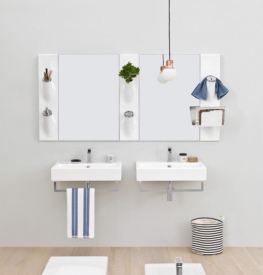 Bathroom Medium size Shared Bathroom Vanity With Napkin Hanger And Double Wall Mirror Flanking Bathing Stuff