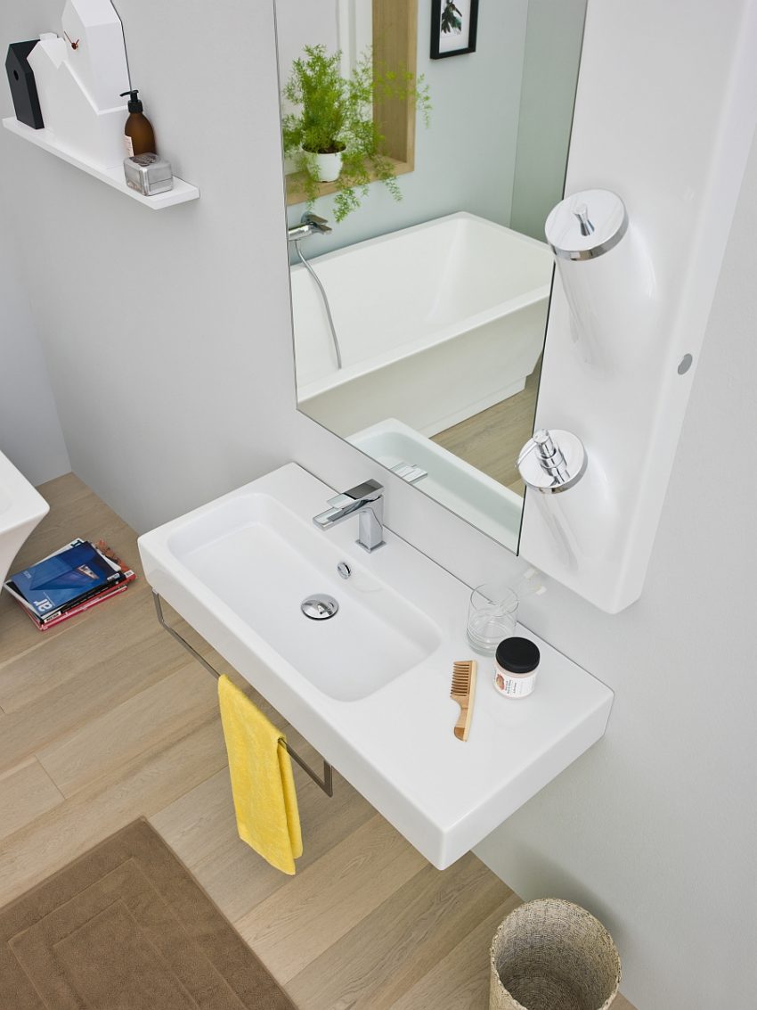Bathroom Medium size Simple Bathroom Vanity With Floating Sink Design With Rectangle Vertical Wall Mirror And Double Lamps