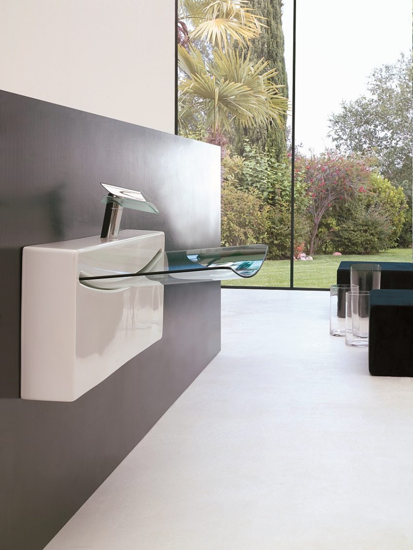 Bathroom Medium size Simple Vanity Design With Modern Glassy Storage Idea Stacked On White Basin By The Black Wall