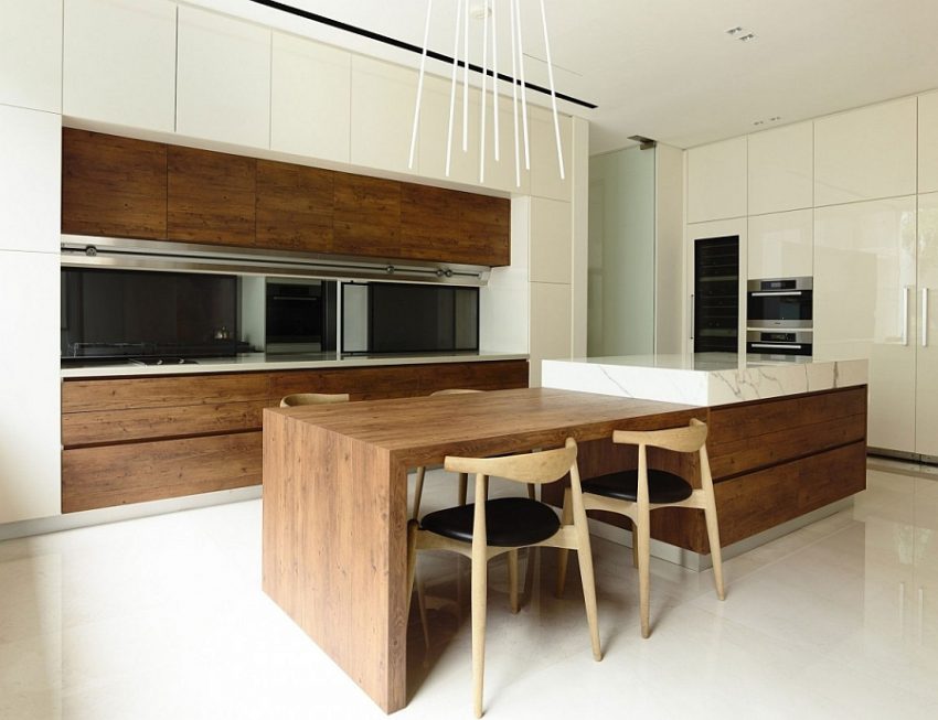 Architecture Medium size Simple Wooden Kitchen Design With Extended Bar And Black Stools Beneath Loping Chandelier Upon Glossy Floor