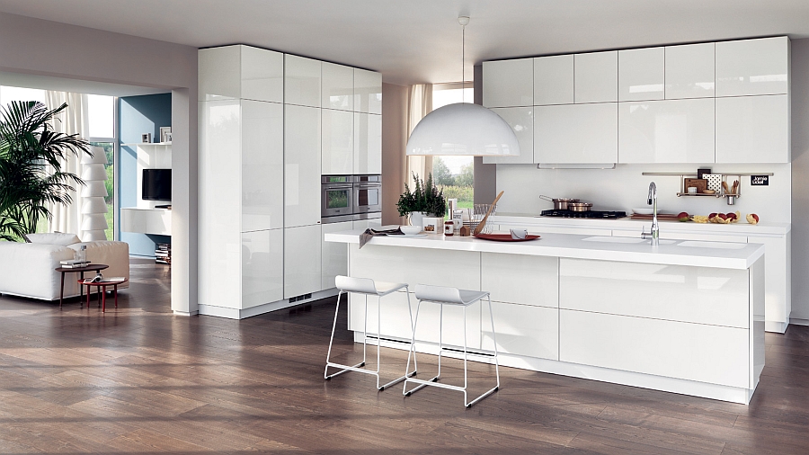 Sleek White Kitchen Idea With Seating Island Beneath Modern Pendant Upon Gorgeous Wooden Floor Living Room