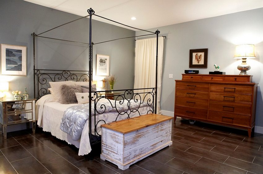 Bedroom Medium size Spacious Bedroom With Canopy Bed Facing Wooden Bench Upon Tiles Flooring Style Featuring Drawers