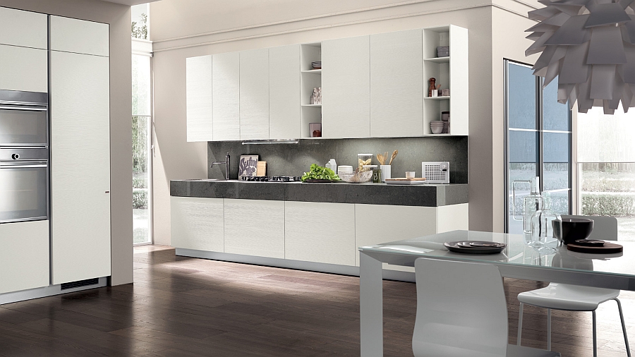 Spacious Modern Kitchen Design With Double White Cabinetry System Intregated With Simple Dining Space Living Room