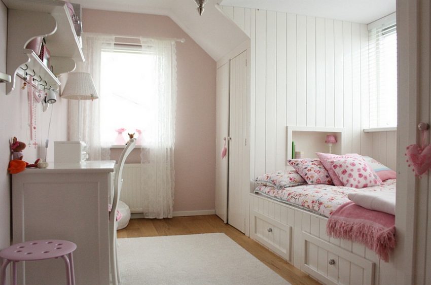 Bedroom Medium size Storage Bed Design With Floral Pink Patterned Bedcover Beneath Small Window Facing White Vanity