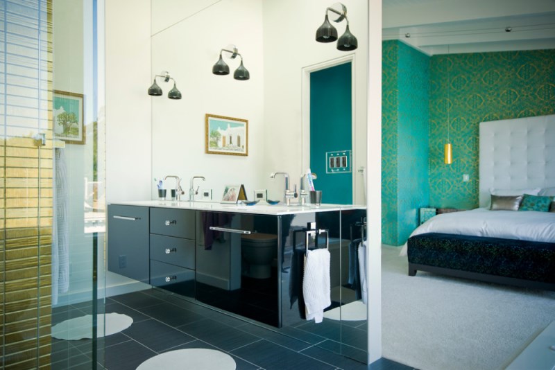 Stunning Black Bathroom Design With Lavish Glossy Vanity Design And Modern Wall Mirror Beneath Black Pendants Architecture