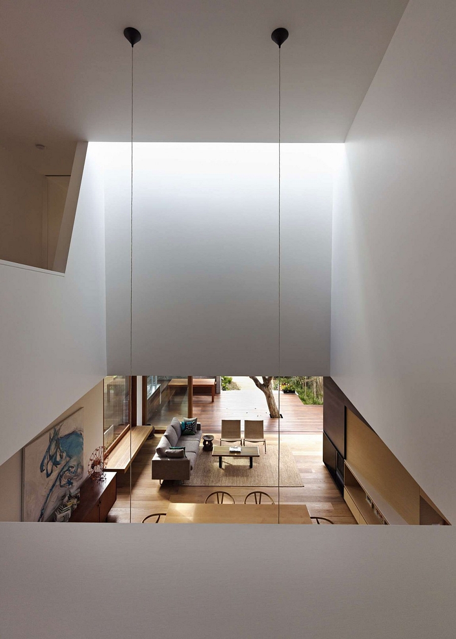 Upper Floor Design Overlooking Center Room With Great Living Space Upon Wooden Floor And Modern Skylight Ideas