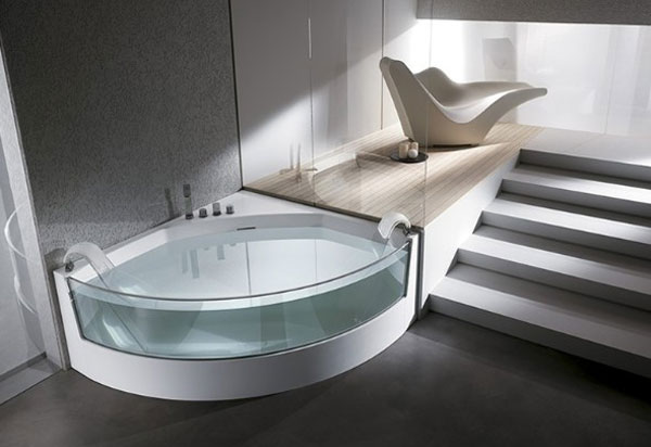White Beautiful Corner Whirlpools Glass Side Wall Stair Design Bathroom