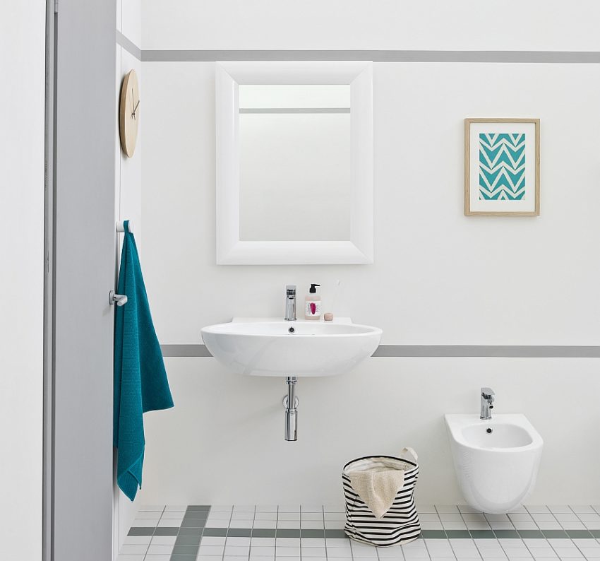 Bathroom Medium size White Bathroom With Floating Sink Design Beneath Framed Wall Mirror Aside Toilet Seat And Green Painting