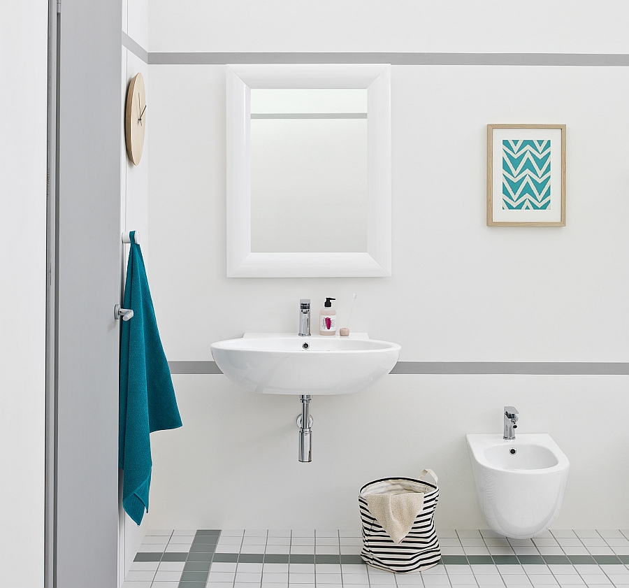 White Bathroom With Floating Sink Design Beneath Framed Wall Mirror Aside Toilet Seat And Green Painting Bathroom