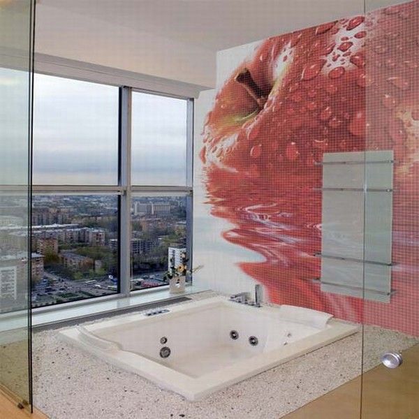 White Bathtub Glass Windows Glass Mosaic Bathroom