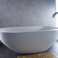 Bathroom White Egg Shaped Bathtub Glass Windows Steel Faucet Grey Floor black-egg-shaped-bathtub-grey-wall-grey-floor