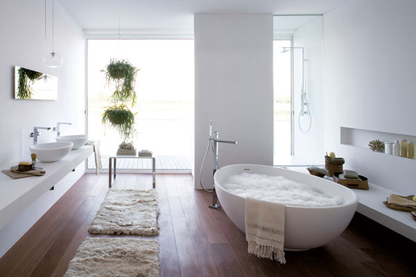 Bathroom White Egg Shaped Bathtub Wooden Floor White Wall Fur Carpet Outstanding VOV bathtubs and Its Perfect Style