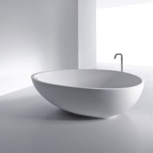 Bathroom White Egg Shaped White Floor White Wall white-egg-shaped-bathtub-glass-windows-steel-faucet-grey-floor