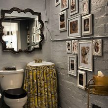 Bathroom Thumbnail size White Toilet Grey Brick Wall Small Mirror