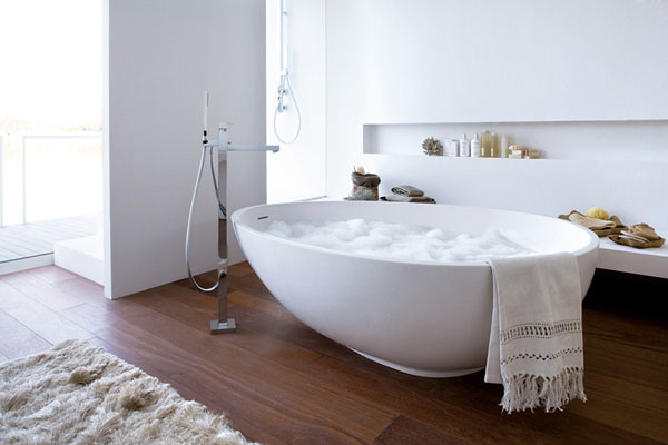 Bathroom Wooden Floor White Egg Shaped Bathtub Glass Windows Outstanding VOV bathtubs and Its Perfect Style