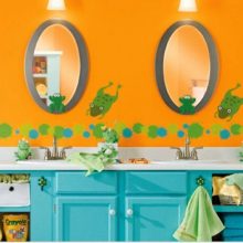 Bathroom Yellow Wall Double Mirror Blue Cabinet Decorating For Kids Bedroom mickey-wall-Decorating-For-Kids-bathroom-White-Curtain-915x1099