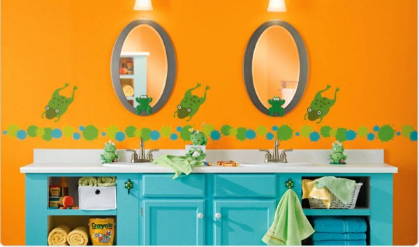 Bathroom Yellow Wall Double Mirror Blue Cabinet Decorating For Kids Bedroom Remarkable Ideas for Kid’s Bathroom