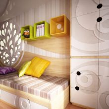 Kids Room Thumbnail size Kids Room Abstract Pattern Wardrobe Laminate Flooring Colorful Box Shelves Floral Ornamental Headboard1 Kid bedroom with Calm and Fresh Decoration by Neopolis