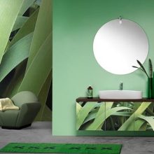 Bathroom Astounding Bathroom Vanity Ideas Round Mirror With Leaves Themes Bathroom Furniture Amazing-Bathroom-Vanity-Ideas-Blue-Tile-White-Sink-Wall-Decals