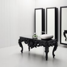Ideas Awesome Carved Table Collection White And Black Theme Beautiful-Black-Glossy-Table-with-Red-Faucet-Design