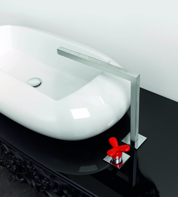 Beautiful Black Glossy Table With Red Faucet Design Ideas