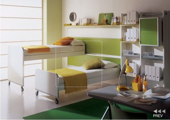 Kids Room Bedroom Bookcase Green Carpet Closet Glass Window Kids Bedroom Furnished with Inspiring Beds for Coziness