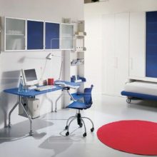 Kids Room Bedroom Design Red Carpet Bookcase Blue Table White Door Black-Carpet-Wood-Cabinets-Unique-Lamp-Floor-Tiles