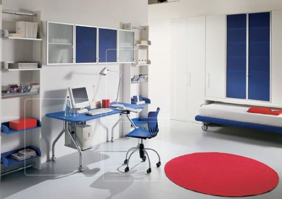 Bedroom Design Red Carpet Bookcase Blue Table White Door Kids Room