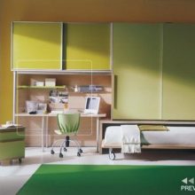 Kids Room Bedroom Green Carpet Glass Window Green Cabinet Green Chair Bedroom-Bookcase-Green-Carpet-Closet-Glass-Window