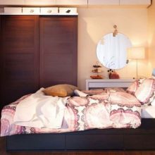 Bedroom Big Brown Closet Round Mirror Integrated Storage Patterned Bed Cover Glass-closet-White-drawer-Flower-bed-cover-White-stand-lamp